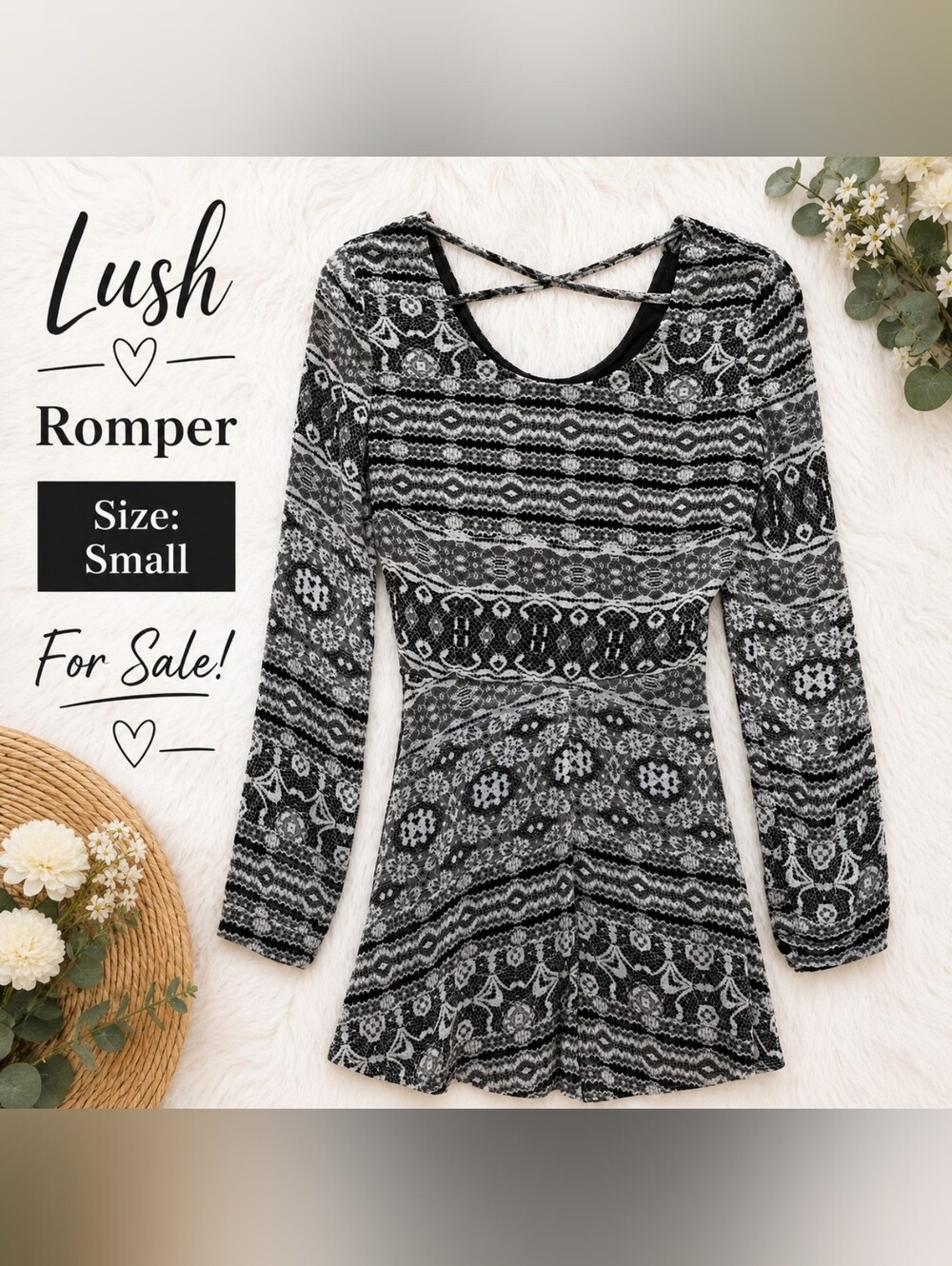 Lush Black & White Patterned Long-Sleeve Romper